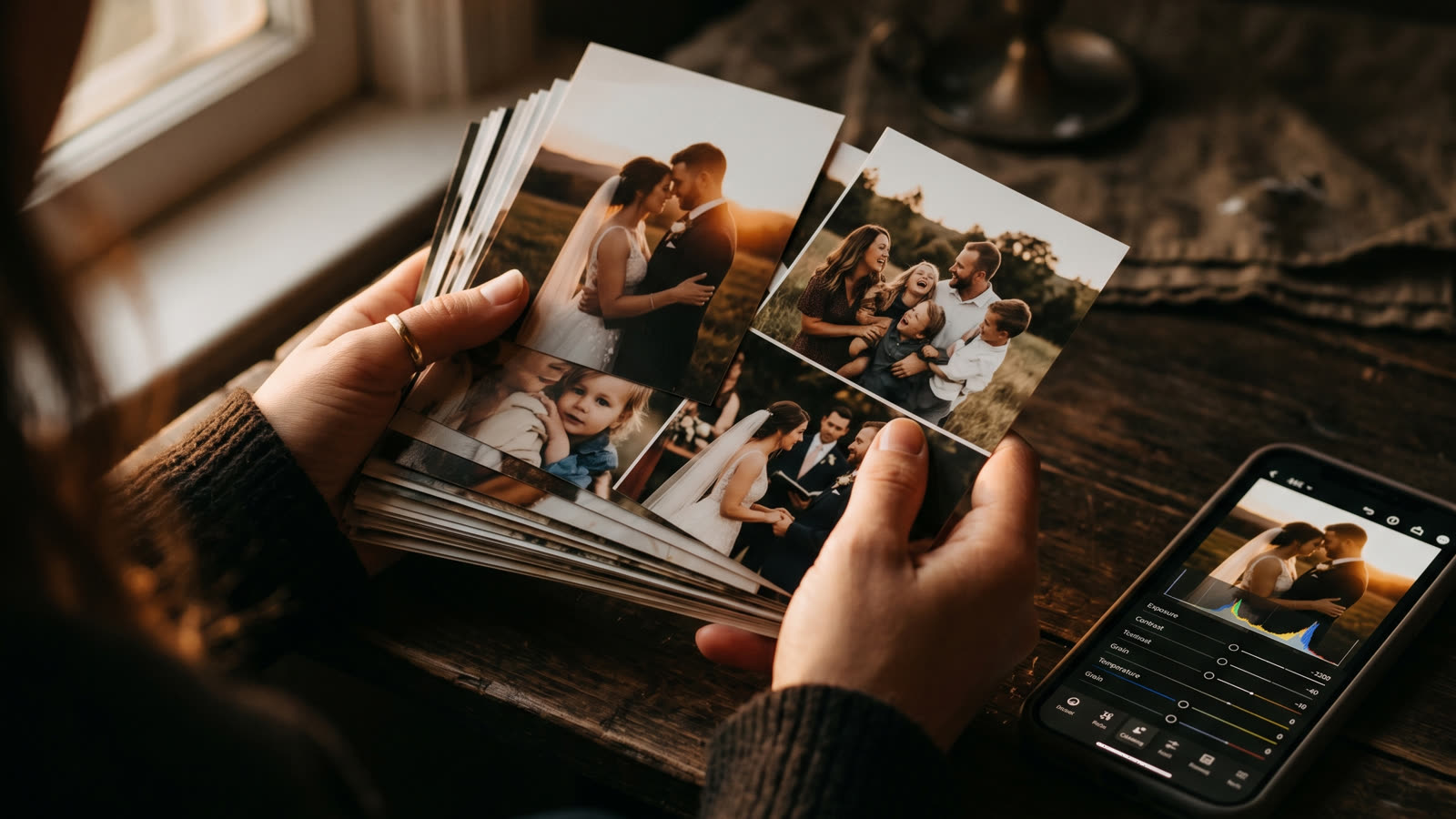 Εκτυπώσεις φωτογραφιών online — χέρια που κρατούν τυπωμένες φωτογραφίες με κινητό να εμφανίζει photo editor